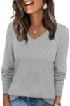 WIHOLL Sweaters for Women Trendy Fall Fashion 2026 Casual V Neck Long Sleeve Tops Crochet Knit Vacation Office Teachers School Outfits Fall Tops Cute Winter Clothing Pullover Grey L