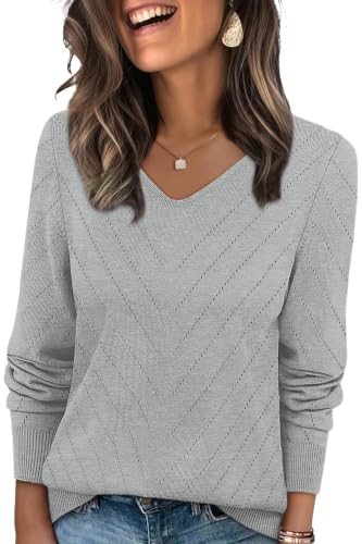 WIHOLL Sweaters for Women Trendy Fall Fashion 2026 Casual V Neck Long Sleeve Tops Crochet Knit Vacation Office Teachers School Outfits Fall Tops Cute Winter Clothing Pullover Grey L