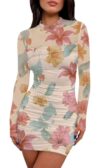 WIHOLL Women's Sheer Mesh Long Sleeve Ruched Bodycon Mini Dress L
