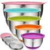 Wildone Mixing Bowls with Airtight Lids Set, 5PCS Stainless Steel Nesting Bowls for Kitchen, with Grater Attachments & Non-Slip Bottoms, Size 5, 3, 2, 1.5, 0.63 QT, for Baking & Serving (Colorful)