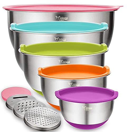 Wildone Mixing Bowls with Airtight Lids Set, 5PCS Stainless Steel Nesting Bowls for Kitchen, with Grater Attachments & Non-Slip Bottoms, Size 5, 3, 2, 1.5, 0.63 QT, for Baking & Serving (Colorful)