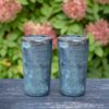 Willinglong 2 Pcs Handmade Ceramic Travel Mugs 14 oz Hand Thrown Stoneware Coffee Cups with Textured Lid Pottery Cup Holder Friendly Dishwasher & Microwave Safe Drinkware (Blue)