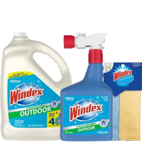 Windex Outdoor Window and Glass Cleaner for Hose - 32oz Botle + 128oz Refill (160oz Total) Ammonia Free, Concentrated Formula for Deep Outdoor Clean, Patio Cleaner, Compatible With All Hoses