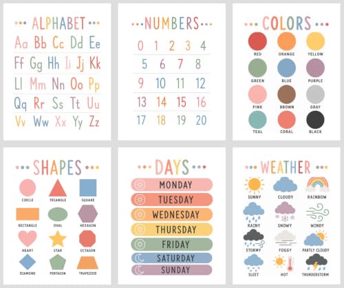 WINDVALE 6 Alphabet Numbers Kindergarten Homeschool Supplies,Colors Shapes Days of The Week for Kids Toddler Educational Posters,Teacher Posters For Classroom Posters Elementary (Pastel, 11" X 14")