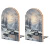 Winter Snow Scene Wood Book Ends Heavy Weighted Bookends