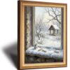 Winter Window View Gold Framed Wall Art, Snowy Bird Feeder Painting