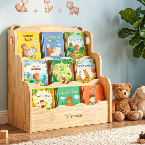 Wisreach 3 Tier Kids Bookshelf, Solid Wood Montessori Bookcase with Scalloped Design, Small Nursery & Toddler Room Storage Organizer, Baby Classroom Book Shelves, Children's Book Display Stand