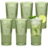 Wiwiqing 20oz Vintage Plastic Drinking Glasses Set of 6, Dark Green Large Capacity Water Glasses Embossed Ribbed Plastic Tumbler Drinking Cups Retro Drinkware for Beer, Juice, Whiskey, Cocktail