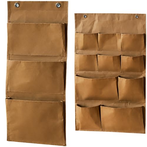 wkao 2 Pcs Wall Hanging Storage Caddy Bag, Washable Kraft Paper Hanging Organizer with Multiple Pockets, Over the Door Storage for Bedroom, Kitchen, Office, Wall Storage Bag for Sundries