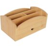 wkao Solid Wood Storage Box, Lidless Compartmented Multi Grid Desktop Organizer with Drawer and Open Slots, Natural Wood Grain, Space Saving Desk Mail Sorter for Home Office Desktop