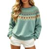 Woman Fair Isle Knit Pullover Sweater Crew Neck Long Sleeve Shirt Retro Geometric Aztec Pattern Knit Top Ribbed Cuffs and Hem Loose Fit Knitwear Casual and Weekend Outfits Fall Clothes for Women 2026