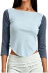 Women's Boat Neck 3/4 Elbow Sleeve Tops Curved Hem Fitted Blouses Navy