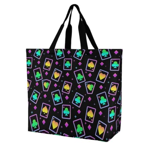 Womens Bright Multicolored Playing Cards Poker Gambling Large Shoulder Tote Bag, Foldable Casual Bag, Wide Long Shoulder Straps Straps for Grocery Vacation, Foldable Everyday Market Pack Tote