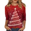 Women's Christmas Shirts, 3/4 Sleeve Crewneck Loose Fit Holiday Wear (02-red,Medium)