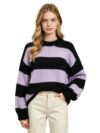 Women's Crew Neck Color Block Striped Knit Sweater Long Sleeve Loose Pullover