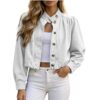 Womens Cropped Denim Jacket Open Front Mock Neck Biker Jean Coat