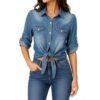 Women's Denim Tie Front Shirt, Roll Tab Sleeve Cropped Jean Top (XX-Large,Dark blue)