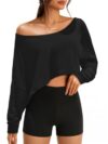 Womens Off the Shoulder Crop Tops Long Batwing Sleeve Boat Neck Shirts