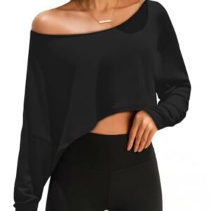 Womens Off the Shoulder Crop Tops Long Batwing Sleeve Boat Neck Shirts