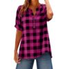 Women's Plaid Blouse,Short Sleeve Notched V Neck Half Button Casual Tops