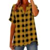 Women's Plaid Blouse,Short Sleeve Notched V Neck Half Button Casual Tops