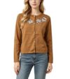 Women's Round Neck Floral Embroidery Knit Cardigan Long Sleeve Button Front Jacket Khaki