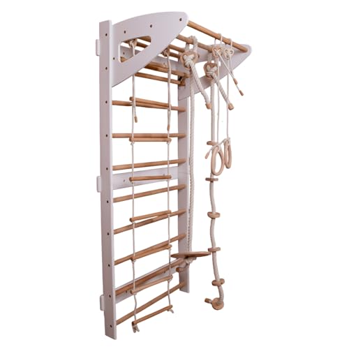 Wood And Hearts Kids Swedish Ladder Wall Gym for Indoor Active Play - Adjustable Pull-Up Bar, Rope Ladder, Gymnastics Rings, Swing & Climbing Rope, 5in1 Gym Set for Ages 3-16 (75 Inch, White)