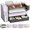 Wood Desk Organizers and Accessories with File Sorters, 4-Tier Desk Accessories & Workspace Organizers with Drawer and Pen Holder, Desk Reference Organizer (Wood, 4T with Drawer)
