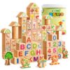 Wooden Build Blocks Early Education , 100pc Wood Blocks+42pc Animal/Fruit