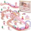 WoodenEdu Wooden Train Set for Girls,46Pcs Train Track Railway for Toddlers