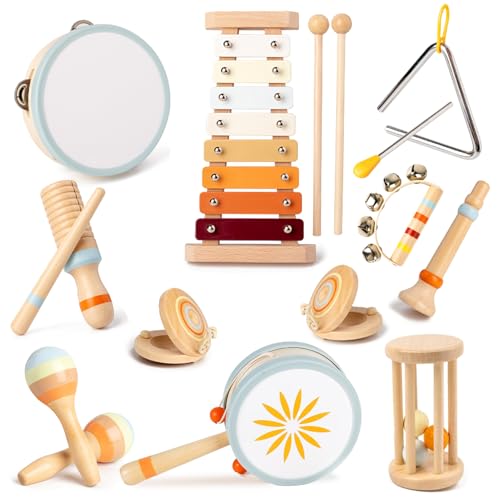 Wooden Musical Instruments Set for Kids, 12PCS Music Toy with Xylophone, Drum, Maracas, Educational Percussion Set, Gift for Boys and Girls 3 Years and Up