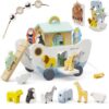 Wooden Noah's Ark Toy for 1 Year Old Baby Boy and Girl Gift - Pull Along Toddler Montessori Educational Toy with Animal Shape Sorter Stacker for 1-3 Christmas Birthday Preschool Baptism Gift