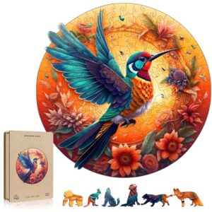 Wooden Puzzles for Adults - Colorful Flower Hummingbird Wooden Jigsaw Puzzle, Unique Animal Shaped Puzzle, Challenging Round Bird Floral Puzzles Gifts for Christmas Home Decor (13 in - 246 Pieces)