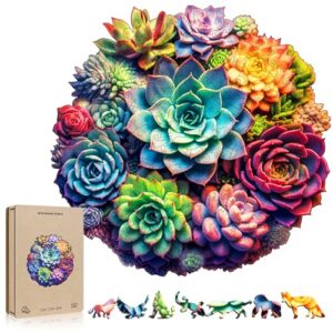Wooden Puzzles for Adults - Colorful Mandala Succulents Plants Wooden Jigsaw Puzzle, Irregular Animal Shaped Puzzles, Challenging Floral Puzzle Gifts for Christmas Home Decor (13 in - 246 Pieces)