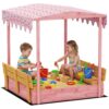 Wooden Sandbox with Lid Flamingo Canopy Foldable Bench Pink