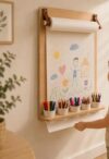 Wooden Wall-Mounted Kids Art Easel with Paper Roll & Crayon Holders, Adjustable Drawing Board for Toddlers, Creative Painting Station for Bedroom Playroom Nursery, Natural Wood Finish