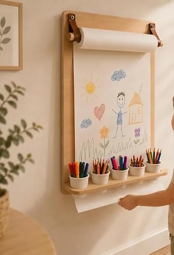Wooden Wall-Mounted Kids Art Easel with Paper Roll & Crayon Holders, Adjustable Drawing Board for Toddlers, Creative Painting Station for Bedroom Playroom Nursery, Natural Wood Finish