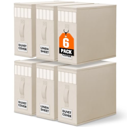 WOWBOX Sheet Organizers and Storage,Closet Bed Sheet Organizer Under Bed Storage and Organization with Label Cards & Clear Window for Bedding Sheets,Duvet Covers,Blankets (6 Pack,Beige)