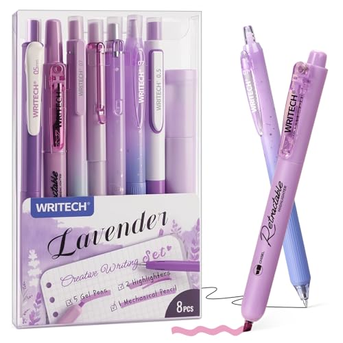 WRITECH Gel Pens Journaling Highlighters: Purple Journal Set Assorted Pastel Color 0.5mm&0.7mm Fine Point Retractable Black Ink Pen Mechanical Pencil Smooth Writing Drawing 8ct