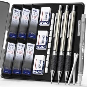 WUO 0.5 mm Mechanical Pencil Set with Eraser Pen Storage Case, 3 PCS