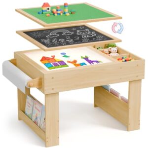 Xilingol 5-in-1 Kids Light Table, Reversible Activity Desk with Sand Art, Building Block, Blackboard, Paper Roll Holder, Storage & Bookshelf, Sensory Play Table for Toddlers Ages 3+, Natural