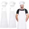 XLSXEXCL 2 Pack Chef Apron and Hat, Adjustable Kitchen Cooking Apron, Waterproof Bib Baking Apron with Two Pockets, Elastic Chef's Hat Set for Women Men Halloween Christmas Gift (White)