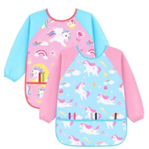 XLSXEXCL 2 Pack Kids Art Smocks, Toddler Painting Smock with 3 Pockets, Artist Aprons for Children for Painting, Cooking, Crafting (Pink, blue, 45x60cm)