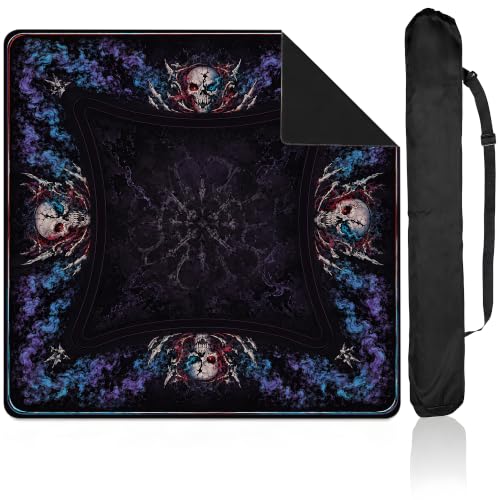Y3NNI STUDIO Personalized Mahjong Mat, Black Blue Spectral Skull Sentinel and Gothic Floral Design, Custom Name or Monogram, Smooth Noise Reducing Surface with Carrying Bag for Tile Game Night