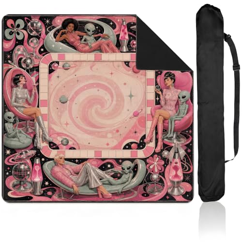 Y3NNI STUDIO Personalized Mahjong Mat, Pink Black Retro Cosmic Lounge Alien and Space Design, Custom Name or Monogram, Smooth Noise Reducing Surface with Carrying Bag for Tile Game Night