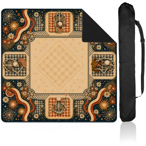 Y3NNI STUDIO Personalized Mahjong Mat, Skeleton Picnic Flowers in Navy Orange and Cream, Custom Name or Monogram, Smooth Noise Reducing Surface with Carrying Bag for Tile Game Night