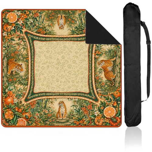 Y3NNI STUDIO Personalized Mahjong Mat, Tiger Orange Grove in Green Cream and Citrus Orange, Custom Name or Monogram, Smooth Noise Reducing Surface with Carrying Bag for Tile Game Night