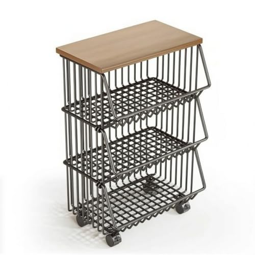 Yajuyi Kitchen Storage Tier Rolling Utility Organizer Cart with Open Wire Bins Wood Top Metal Frame Wheels Space Saving Suitable for Apartment Kitchens Compact layouts Pantry Sorting Serving Food