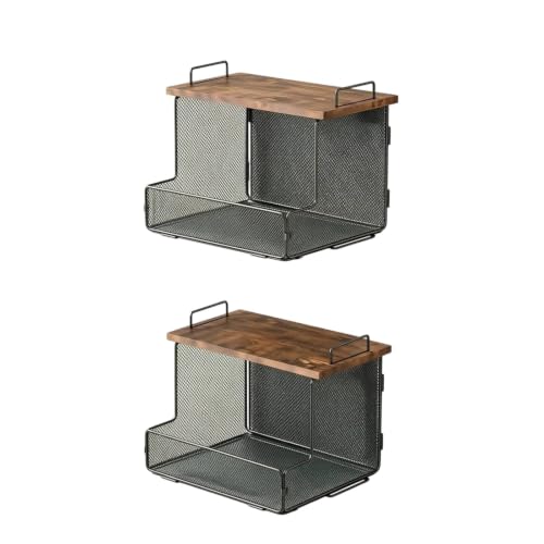Yajuyi Kitchen Wall Storage Rack Wall Mount Mesh Basket Shelf Organizer With Wooden Top Board Foldable Frame For Vertical Space Saving Suitable for kitchens pantry organization office break rooms
