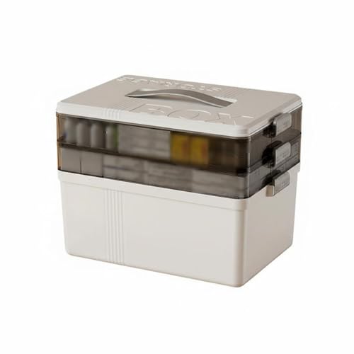 Yajuyi Medicine Storage Organizer Box With Stacked Compartments Multi Tier Case Portable Handle Bin Clear Lid Container Material suitable for home cabinet, White Gray, Triple Layer Medicine Box